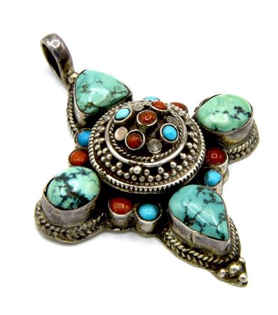 PENDENTE IN ARGENTO 925 A FORMA DI CROCE CON TURCHESI E PIETRE DURA lunghezza...