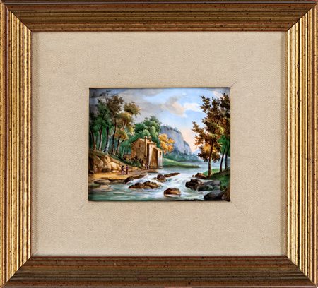 Pittore del XX secolo, Paesaggio fluviale con figure in cornice, olio su...