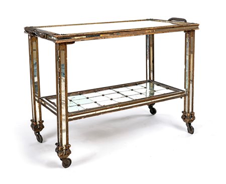 Carrello portavivande in legno e specchio a due piani; maniglie in bronzo, cm...