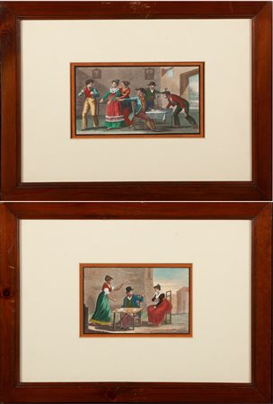 Anonimo del XIX secolo, due acqueforti acquerellate, Due scene di genere Al...