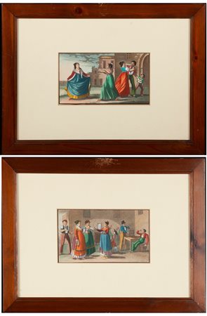 Anonimo del XIX secolo, due acqueforti acquerellate, Due scene di genere Al...