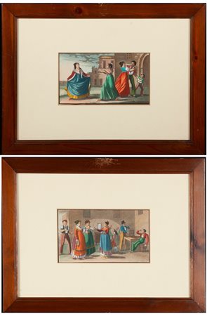 Anonimo del XIX secolo, due acqueforti acquerellate, Due scene di genere Al...