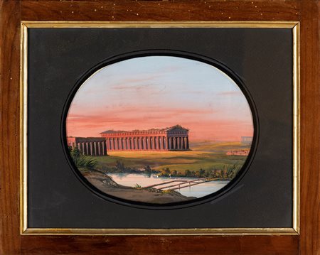 Pittore del XIX secolo, gouache su carta, Paestum , cm 23x31 - in cornice: cm...
