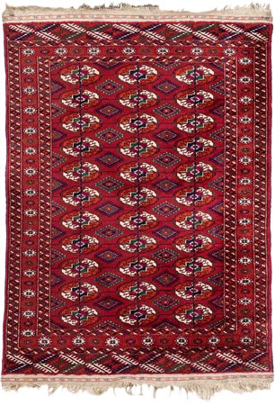 Tappeto Turkmenistan annodato a mano, disegno Bukhara fondo rosso con tre...