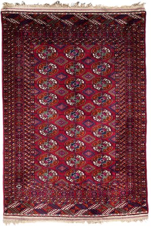 Tappeto Turkmenistan annodato a mano a disegno Bukhara fondo rosso a tre file...