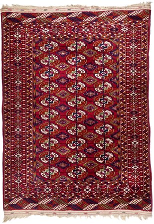 Tappeto Turkmenistan annodato a mano, disegno Bukhara fondo rosso a tre file...