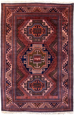 Tappeto persiano Azerbaijan con tre medaglioni uncinati su fondo rosa, cm...