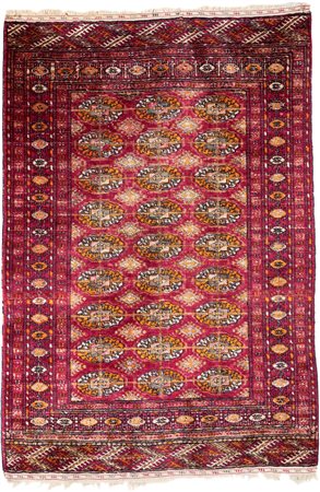 Tappeto Turkmenistan annodato a mano, disegno Bukhara fondo rosso con tre...