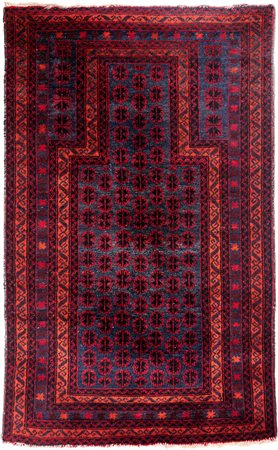 Tappeto Baluchistan da preghiera con fitto disegno rosso e blu e nicchia...