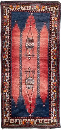 Tappeto a preghiera persiano Afshary a doppia nicchia rossa e blu; cornice...