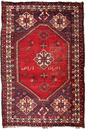 Tappeto persiano Shiraz annodato a mano centrato da un esagono rosso con...