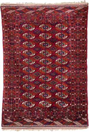 Tappeto Turkmenistan annodato a mano, disegno Bukhara fondo rosso con tre...