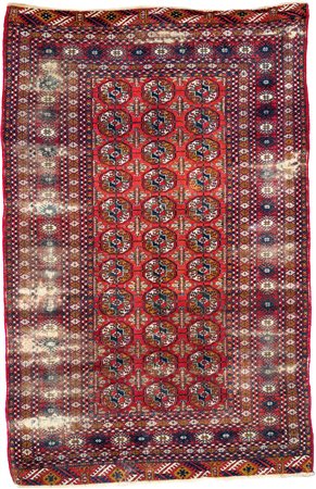 Tappeto Turkmenistan annodato a mano, disegno Bukhara fondo rosso con tre...