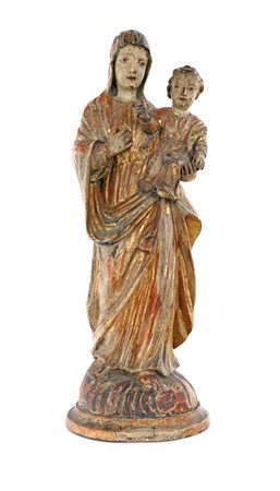 Scultura in legno policromo e dorato, XVIII secolo raffigurante Madonna col...