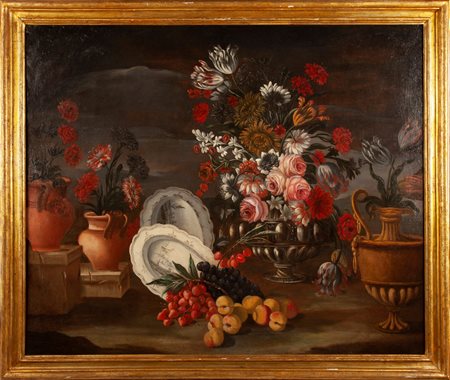 Scuola napoletana del XVIII secolo Natura morta con vasi baccellati e piatti...