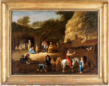 Pittore bambocciante del XVII secolo Scena di genere Olio su tela, cm 52x69 -...