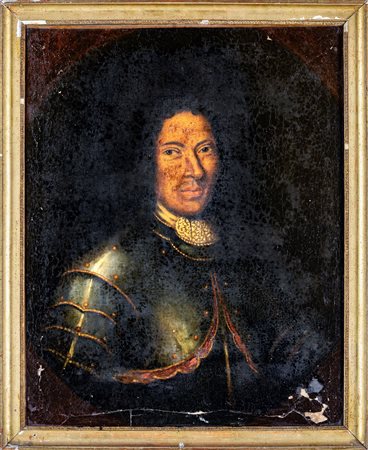 Pittore del XVII secolo Nobile in armatura olio su tela, cm 72x56 in cornice...