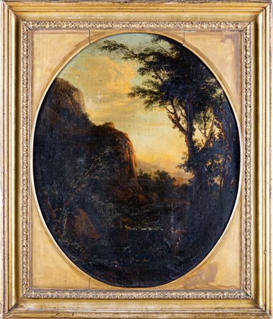 Scuola Emiliana del XVII secolo Paesaggio di montagna con alberi e personaggi...