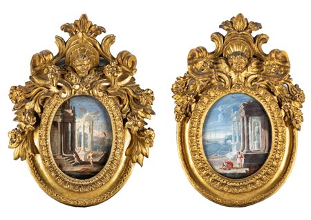 Pittore romano del XVII secolo Coppia di ovali con architetture e figure...