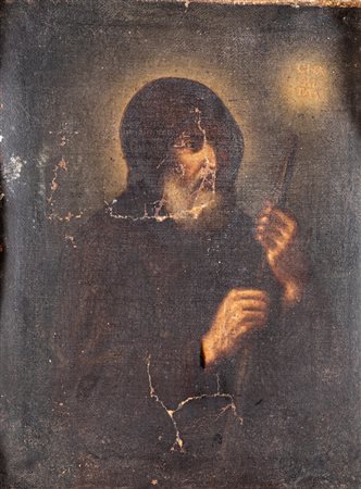 Scuola Romana del XVIII secolo San Francesco da Paola Olio su tela, cm 40x32...