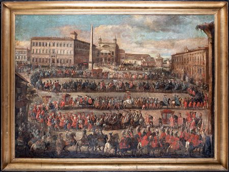 Pittore Romano del XVIII secolo La solenne cavalcata del Possesso olio su...