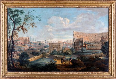 Scuola Romana del XVIII secolo Veduta con arco di Costantino e Colosseo olio...