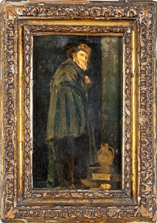 Pittore del XVIII secolo Figura di vecchio sorridente con mantello scuro Olio...