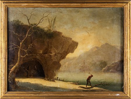 Scuola napoletana del XVIII secolo Paesaggio fluviale con figura Olio su...