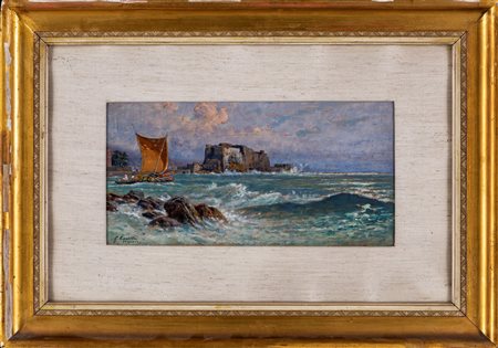 Giuseppe Carelli (1858 - 1921) Castel dell'Ovo Olio su tavola, cm 18,5x36 -...