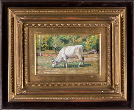 Ugo Fioravanti (Attivo fra il XIX/XX) Vacca al pascolo olio su tavola, cm 20...
