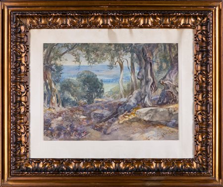 Onorato Carlandi (Roma, 1948 - Roma, 1939) Uliveto a Tivoli acquerelli su...