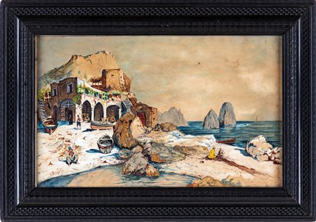 Salvatore Fergola Paesaggio caprese tempera su carta, cm 27x41 in cornice...