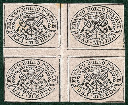ANTICHI STATI - Pontificio - 1852 - Mezzo bai - blocco di quattro con...