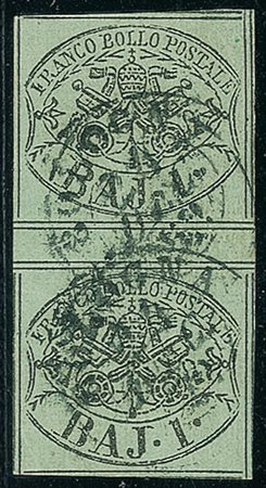 ANTICHI STATI - Pontificio - 1852 - 1 bai - coppia verticale con interspazio...