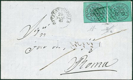 ANTICHI STATI - Pontificio - 5 cent - due pezzi su lettera da Civitavecchia a...