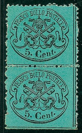 ANTICHI STATI - Pontificio - 1868 - 5 cent azzurro verdastro - coppia...