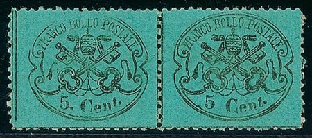 ANTICHI STATI - Pontificio - 1868 - 5 cent - coppia - pezzo di destra senza...