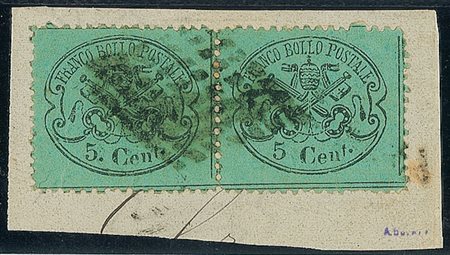 ANTICHI STATI - Pontificio - 1868 - 5 cent - coppia orizzontale con pezzo di...