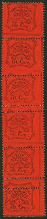 ANTICHI STATI - Pontificio - 1868 - 10 cent - striscia verticale di sei con...