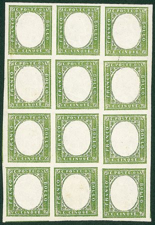 ANTICHI STATI - Sardegna - 1863 - 5 cent - blocco di dodici - gomma integra...