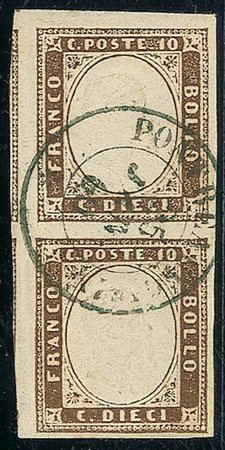 ANTICHI STATI - Sardegna - 1858 - 10 cent - coppia verticale - Pont...