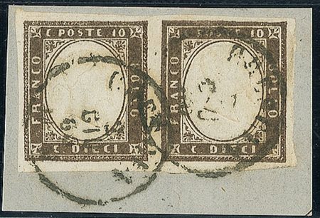 ANTICHI STATI - Sardegna - 1859 - coppia del 10 cent bruno cioccolato scuro -...