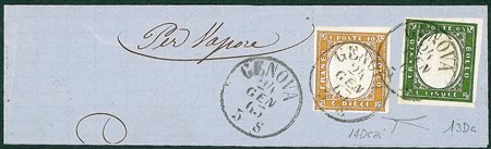 ANTICHI STATI - Sardegna - 10 cent + 5 cent - testatina di lettera da Genova...