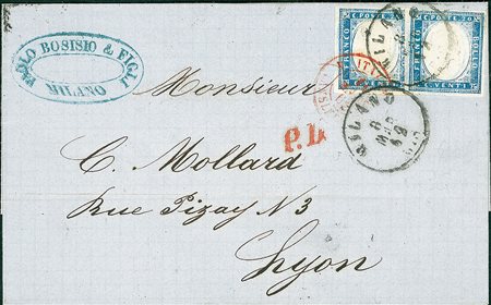 ANTICHI STATI - Sardegna - Due 20 cent su lettera da Milano a Lione del...