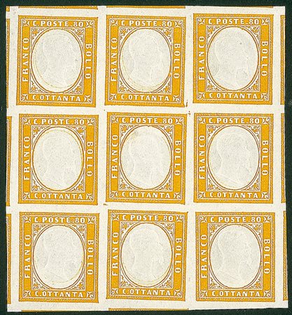 ANTICHI STATI - Sardegna - 1862 - 80 cent - blocco di nove - gomma integra (17D)