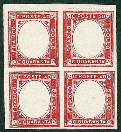 REGNO D'ITALIA - 1861 - 40 cent - blocco di quattro senza effigi e senza...