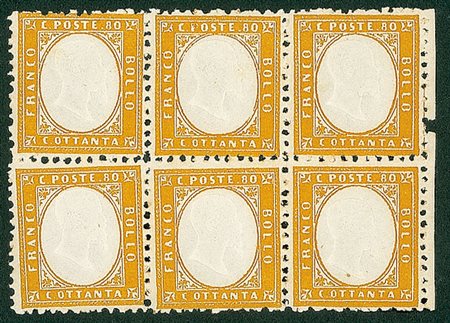 REGNO D'ITALIA - 1862 - 80 cent - blocco di sei bordo foglio - filetto di...