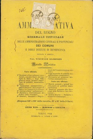 REGNO D'ITALIA - 2 cent - blocco di quattro su intero volume della Rivista...
