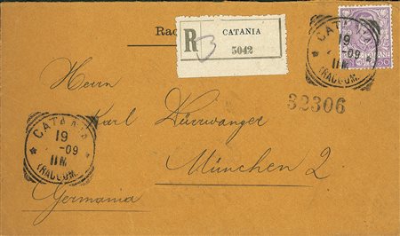REGNO D'ITALIA - 50 cent Floreale isolato su raccomandata da Catania a Monaco...