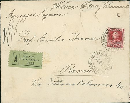 REGNO D'ITALIA - 2,55 lire isolato su assicurata da Milano a Roma del 6.8.30...
